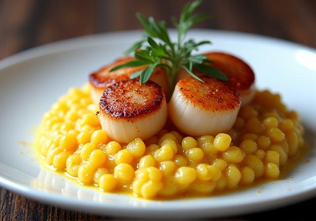 A beautifully plated dish of pan-seared scallops on saffron risotto.