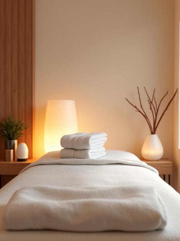 A tranquil spa treatment room with a massage bed, soft lighting, and folded white towels.