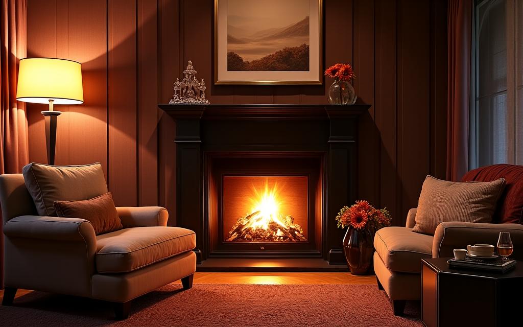Cozy interior of the Fireside Suite with a lit fireplace and plush armchair.