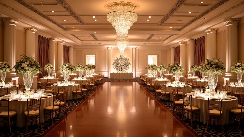 The Grand Ballroom set up for a wedding reception with elegantly decorated tables.